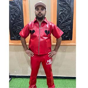 Custom <b>Zip</b> <b>up</b> Leather Short Sleeve Jacket <b>Polo</b> Shirt Screen Printing Embroidered Pu Stacked Flare Pants Set Tracksuit Men - Product Image 5