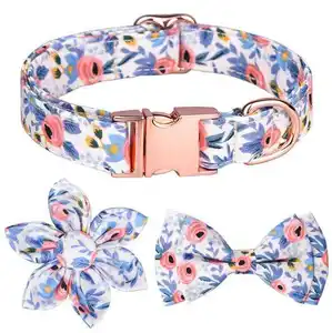 Luxury High Quality Soft Fabric Floral Bow Adjustable Metal Buckle Custom Pattern Dog Collar and Leash Set