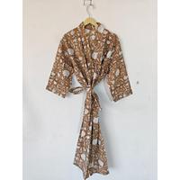 Gaun Tidur Kimono Maxi Unisex Bermotif Bunga India, Bahan Katun 100%, Kerah V, Tali Serut, Cocok untuk Rumah dan Hotel
