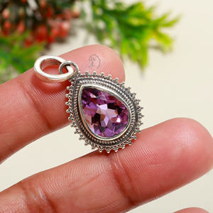 925 argent Sterling poire coupe lunette réglage améthyste pierre précieuse à la main concepteur pendentif bijoux fins pendentifs et breloques pour les femmes - Product Image 1