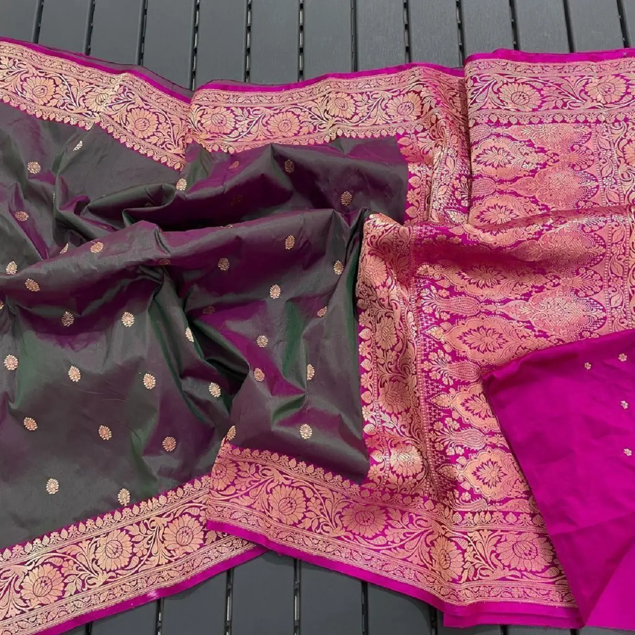 Custom made pure brocade silk sarees ideal for resale by clothing designers in Dark Green Saree with Pink Boader