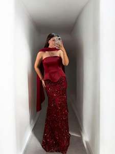 Vestido de Noche Personalizado para Mujer, Satinado, Manga Corta, Formal, para Boda, Hecho a Mano, Recto, Color Borgoña para Azul Marino, Tallas 36 38 40 42 - Product Image 2