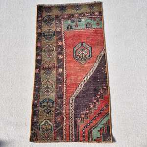 Vintage Small Rug 1.6x3.2 ft (50x98 cm), Turkish <b>Red</b> Striped <b>Wool</b> Rug - Product Image 1