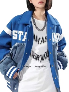 เสื้อแจ็คเก็ตเดนิมวาร์ซิตี้สีน้ำเงินสำหรับผู้ชาย เสื้อแจ็คเก็ตเดนิมแบบคอมโบพร้อมตัวอักษรแบบกำหนดเอง เสื้อแจ็คเก็ตเดนิมวาร์ซิตี้แบบไฮบริดสไตล์สตรีทแวร์ - Product Image 6