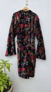 Kimono de terciopelo de algodón, albornoz largo, ropa de dormir suave, con botones de bolsillo, albornoz de terciopelo con estampado de pájaros - Product Image 4