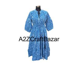 Robe mi-longue décontractée pour femme Himanshi, faite à la main, respirante, ample, à motif floral, manches longues, taille naturelle, tissu 100% coton - Product Image 2