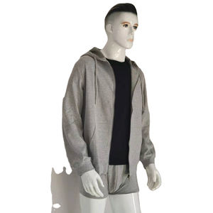 Plain <b>Grey</b> Full <b>Zip</b>-<b>Up</b> Hooded Jacket for <b>Men</b>: Casual Fleece Lined Cotton Blend <b>Hoodie</b> - Product Image 3
