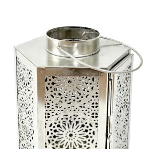 Farol Marroquí Cilíndrico de Hierro Hecho a Mano, Portavelas Votivo con Diseño Calado, Acabado en Níquel Plateado, Decoración para el Hogar, Navidad - Product Image 2