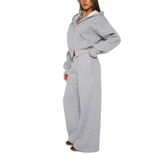 Conjuntos deportivos de alta calidad para mujer con cremallera, 100% algodón, forro polar suave, sudadera corta con cremallera y pantalones deportivos acampanados, conjunto de 2 piezas para damas. - Product Image 1