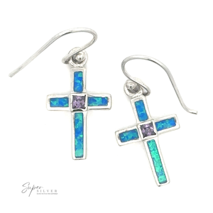 Boucles d'oreilles croix d'opale bleue avec pierre centrale en améthyste - Product Image 2