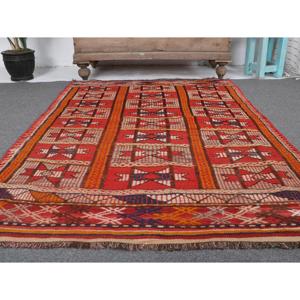 3.4x5 ft Rug, Vintage Turkish Rug, <b>Red</b> Striped <b>Wool</b> Rug - Product Image 5