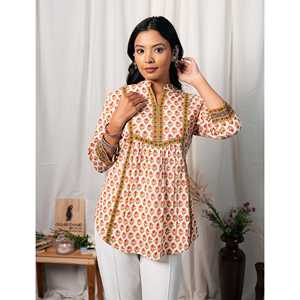 Blusa de Algodón Blanca y Amarilla para Mujer, Estampada a Mano, con Bordado Floral, Cuello Asimétrico, Tallas XS a XL, Tela Popelina - Product Image 5