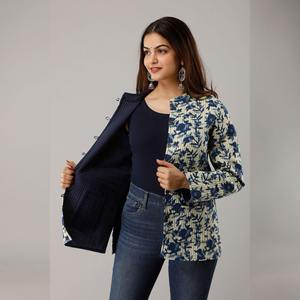 Light Blue Vintage Cotton <b>Quilted</b> <b>Jacket</b> for Summer Embroidered Lace Button Decor Waterproof Breathable Finished Knitted Fabric - Product Image 4