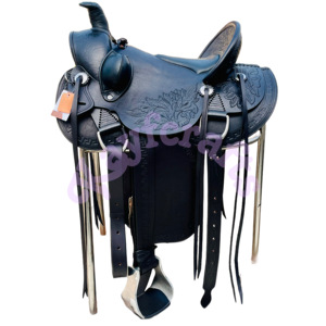 Premium All Black Custom Western Wade Saddle Tooled Leather Horse Tack Set con diseño inglés - Product Image 5