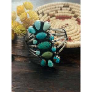 Mark Yazzie Fashion <b>Cuff</b> <b>Bracelet</b> Mixed Turquoise & Sterling <b>Silver</b> Cluster Design - Product Image 1