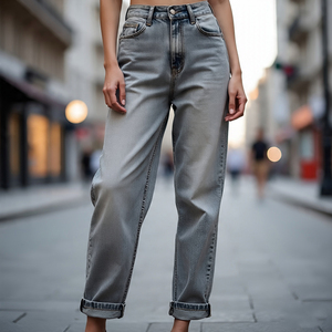 กางเกงยีนส์เอวสูงลำลองมีกระดุมเอวสูงสำหรับผู้หญิงกางเกงผ้ายีนส์ทรงหลวมขายาว - Product Image 1