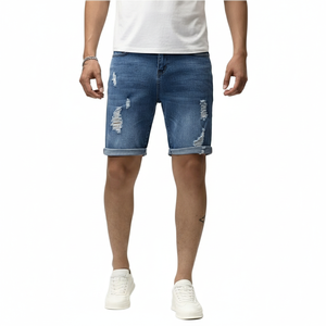 Mens <b>denim</b> shorts with premium <b>stretch</b> <b>fabric</b>, distressed ripped design, mid-rise fit, durable stitching, casual summer wear - Product Image 1