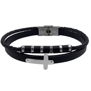 Bracciale Charm in Stile Vintage con Acciaio e Pelle Nera, Motivo a Croce, Elegante Braccialetto - Product Image 1