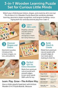 Wooden 3-in-1 Jigsaw <b>Puzzle</b> Board with Alphabet Pegged Blocks & Tangram Style Educational Toy for Kids Ages 2-4 Unisex - Product Image 2