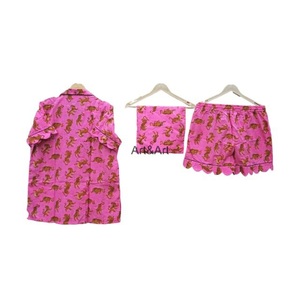 Conjunto de Pijama de Lujo Elegante y Suave de Algodón Orgánico Puro y Transpirable para Mujer, Estampado Ikat, Manga Corta, Cintura Elástica, para Descansar en Verano - Product Image 4