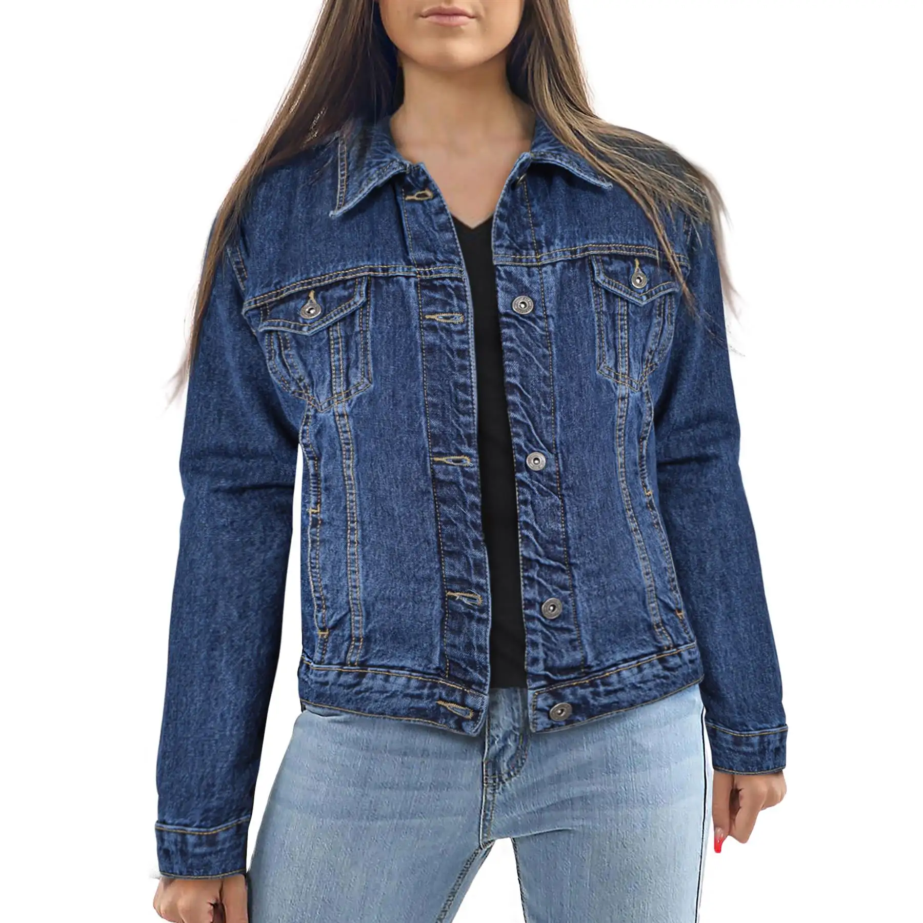 Jaket Denim Wanita, Biru Tua Ukuran Besar Urban Streetwear Jeans Lengan Panjang Denim Perempuan