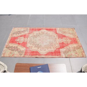 Turkish Vintage Area Rug 3.5x6.9 ft, <b>Red</b> Gray Animal Print <b>Wool</b> Rug - Product Image 4