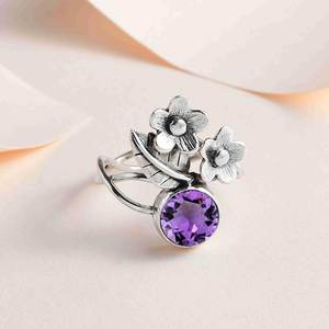 Premium Amethyst Floral Round Cut Gemstone <b>Ring</b> For Women Jewelry Sterling <b>Silver</b> Boho Engagement <b>Rings</b> <b>Statement</b> February - Product Image 2