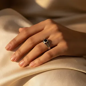 "Handmade Rhodium-Plated 925 Silver <b>Boho</b> Onyx <b>Ring</b> for Women" - Product Image 1