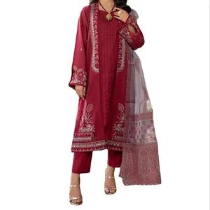 Robe de soirée 3 pièces pour femmes musulmanes et indiennes, vêtements de fête, salwar kameez avec col brodé