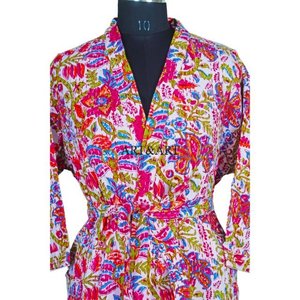 Handmade Elegant Summer Kantha Night Gown Floral Print Japanese <b>Kimono</b> Bohemian Multi-Colored Tie Casual - Product Image 3