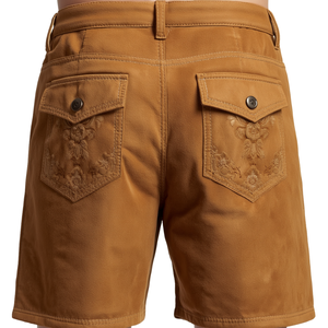 Pantalones Cortos de Cuero de Gamuza Camel con Bordado Tradicional, Fabricante de Ropa Premium de Estilo Herencia - Product Image 2