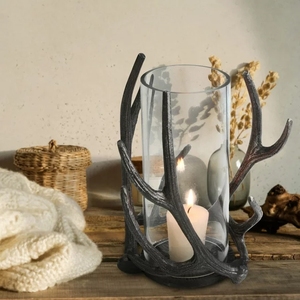 Scented <b>Large</b> Cyclindrical Glass <b>Candle</b> Jar Holder Rustic Antler Stand Christmas Holiday <b>Candle</b> Holder In wholesale Price - Product Image 3