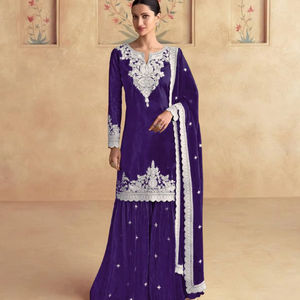 Chinon seda corte recto Kurta Palazzo conjunto con bordado trabajo indio y pakistaní Salwar Kameez ropa para fiesta - Product Image 1