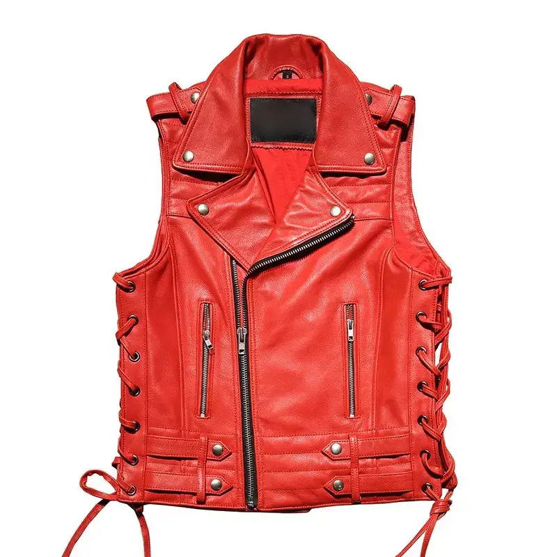 Motorcycle Leather Vest Men's and Women's Lapel Oblique Zipper Waist Drawstring Red Cow Skin Vests