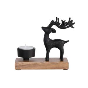 Porte-bougie en métal noir moderne en forme de renne avec base en bois Décoration de Noël pour la maison Support pour bougie chauffe-plat en fer Porte-bougie de table en forme de cerf - Product Image 1