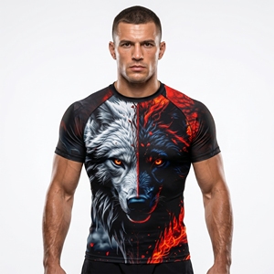T-shirt de sport ajusté à manches courtes pour homme, imprimé loup, séchage rapide, pour entraînement MMA BJJ, en polyester et élasthanne - Product Image 1