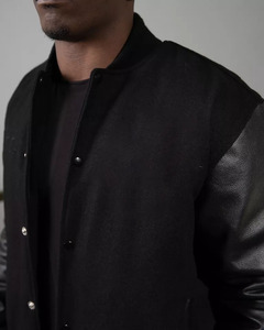 Veste universitaire noire de luxe personnalisée pour homme avec manches en toile, col montant, logo frontal - Doublure polaire écologique - Product Image 3