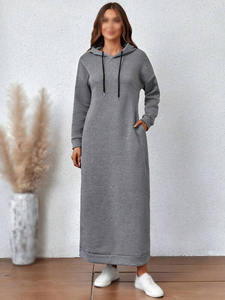 Ventes en gros de robes longues à capuche en polaire tricotée grise pour femmes, pull décontracté d'hiver, vêtements de détente avec poches, commandes en gros - Product Image 6
