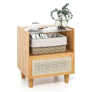Table de chevet moderne en bambou et rotin avec tiroir Pieds en bois massif Armoire de chevet Mobilier de chambre à coucher d'appoint - Product Image 1