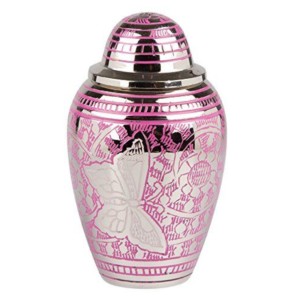 Urna Funeraria de Latón con Hermoso Diseño de Mariposa, Acabado en Níquel y Rosa, Urna de Metal con Tapa de Domo - Product Image 1