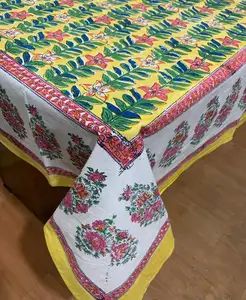 Corredor de mesa bordado, corredor de mesa de algodão estampado floral feito à mão, capa de mesa de algodão estampada em bloco