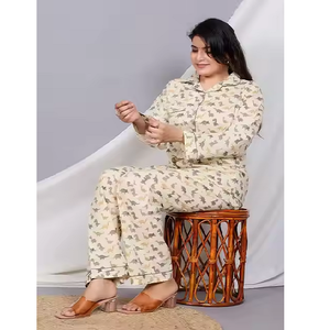 Conjunto de ropa de dormir de rayón transpirable para mujer con Top de manga larga estampado y pantalones de pijama Ideal para la noche y el salón informal - Product Image 4