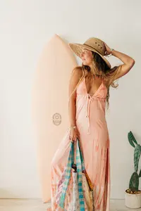 Trendy Beach Side Bliss Rayon Tie Dye Deep V Neck Mujeres Backless Spaghetti Maxi Vestido largo de pierna alta para vacaciones de verano Vibes - Product Image 2