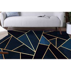 Golden Geometric Navy Blue <b>Chenille</b> <b>Rug</b>: Modern Accent <b>Rug</b>,Nonwoven Soft <b>Rug</b> - Product Image 3