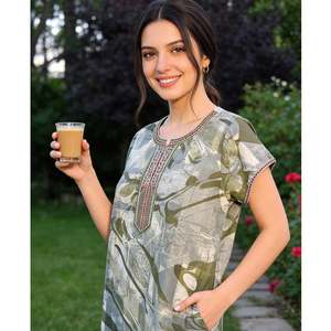 Camisón Largo Estampado Cómodo para Mujer, Marca Alpine, Tejido de Sarga, Mangas Cortas, Bolsillos Laterales, Talla XL, Ropa de Dormir - Product Image 4