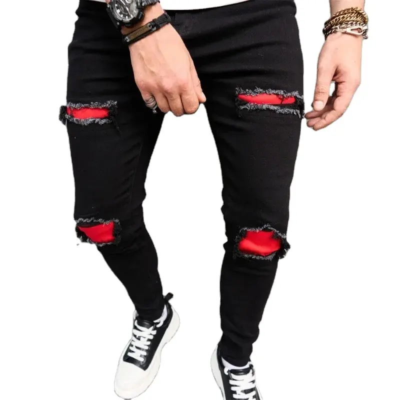 アメリカンファッションブラックレッドパッチワークメンズジーンズハイストリート韓国スリムパンツ破れた穴ヒップホップ男性デニムパンツ