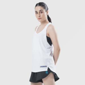 Camiseta sin mangas blanca Breeze Fit para mujer, transpirable, de punto, para gimnasio, con cuello halter, informal, corta, con logo personalizado, sostenible - Product Image 1