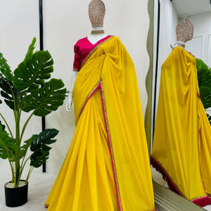 Saree ออกแบบผ้าไหมที่สวยงามด้วยลูกไม้แฟนซีและหนัก latakan บน pallu และเสื้อไม่มีริ้วรอย - Product Image 1