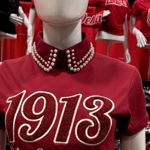 DST 1913 manga Chenille bordado Tee Premium algodón Maroon Sorority ropa griega Delta ropa clásica camiseta - Product Image 4