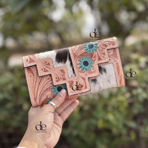 Pochette en cuir de fourrure de vachette véritable outillée à la main portefeuille à découper Vintage couleur Turquoise cartes de crédit en cuir portefeuille en espèces cadeaux - Product Image 1